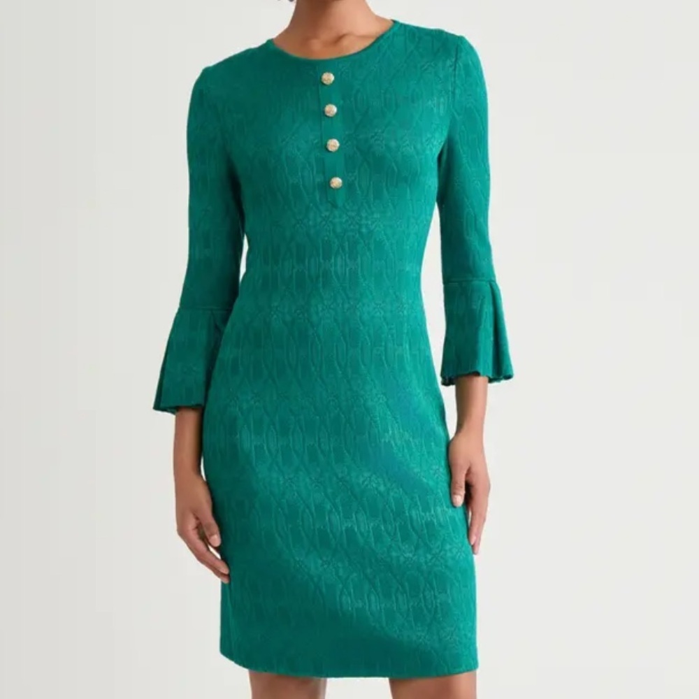 NWT Ming Wang Tonal Multi-Stitch Knit Sheath Dress Green Size Medium Petite